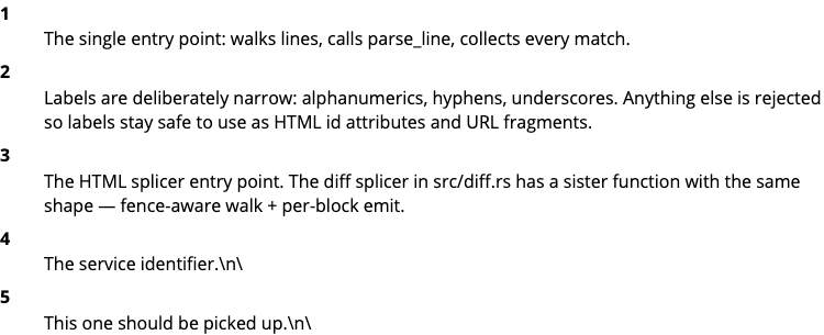 Slice 3 rendered dl from the diff path: three badges 1–3 with bodies for the parse-entry, label-grammar, and splice-entry markers added in callout-v2.