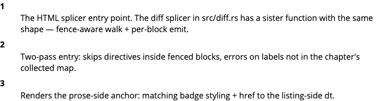 Slice 5 rendered dl below the callout-v2→v3 diff: three badges 1–3 with bodies for splice-entry, cross-ref-replace, and cross-ref-emit.