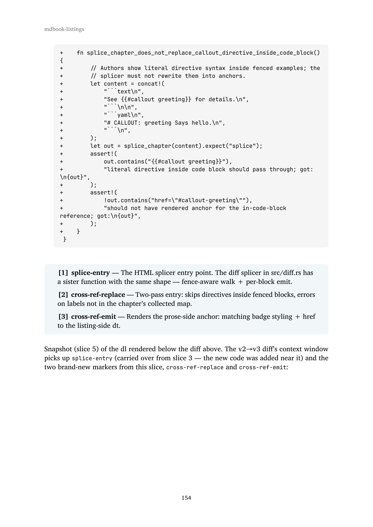 Slice 6 rendered PDF page: a typst-pdf rendering of the callout-v2→v3 diff with three blockquote entries below it, one per CALLOUT marker.